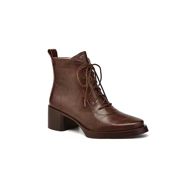 Roanna Brown Leather Lace-Up Block Heel Ankle Boots