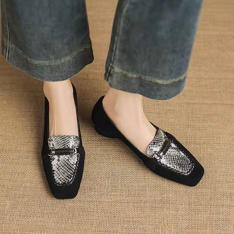 Arabella Black Suede Low-Heeled Silver Animal Print Loafers