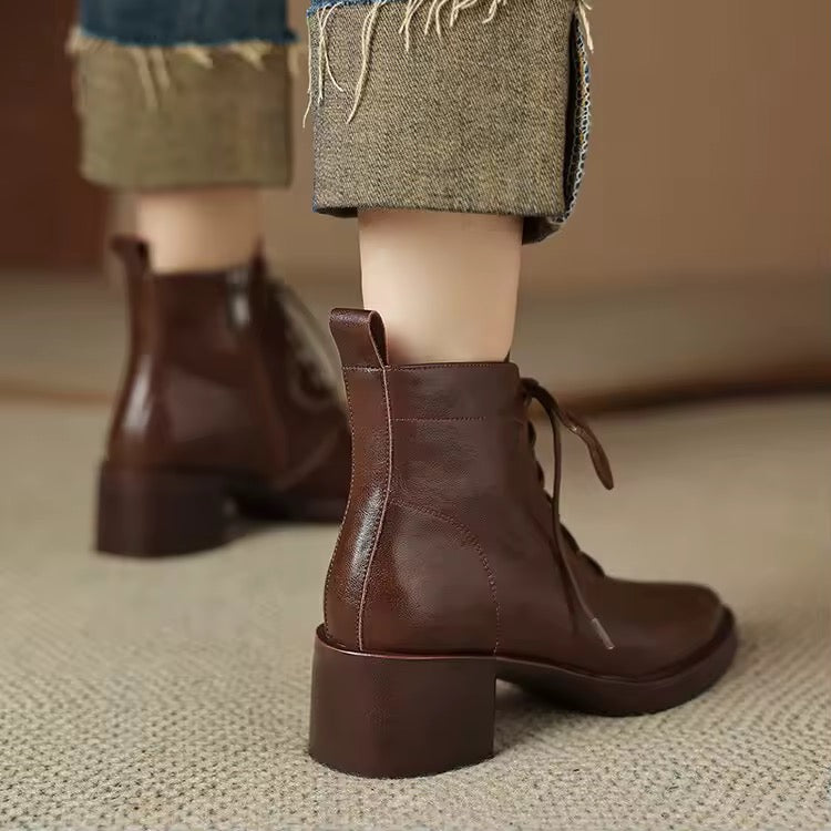 Roanna Brown Leather Lace-Up Block Heel Ankle Boots