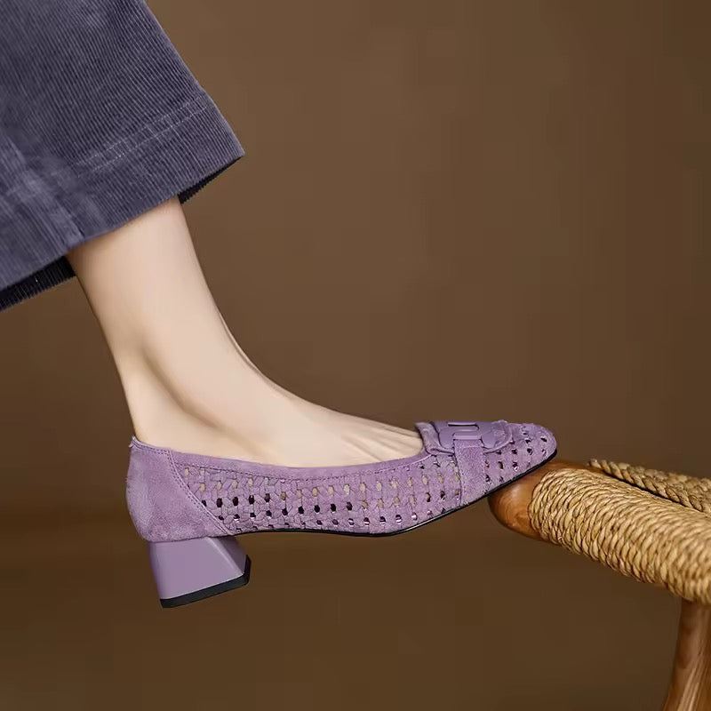 Isa Lavender Block Heel Perforated Suede Pumps
