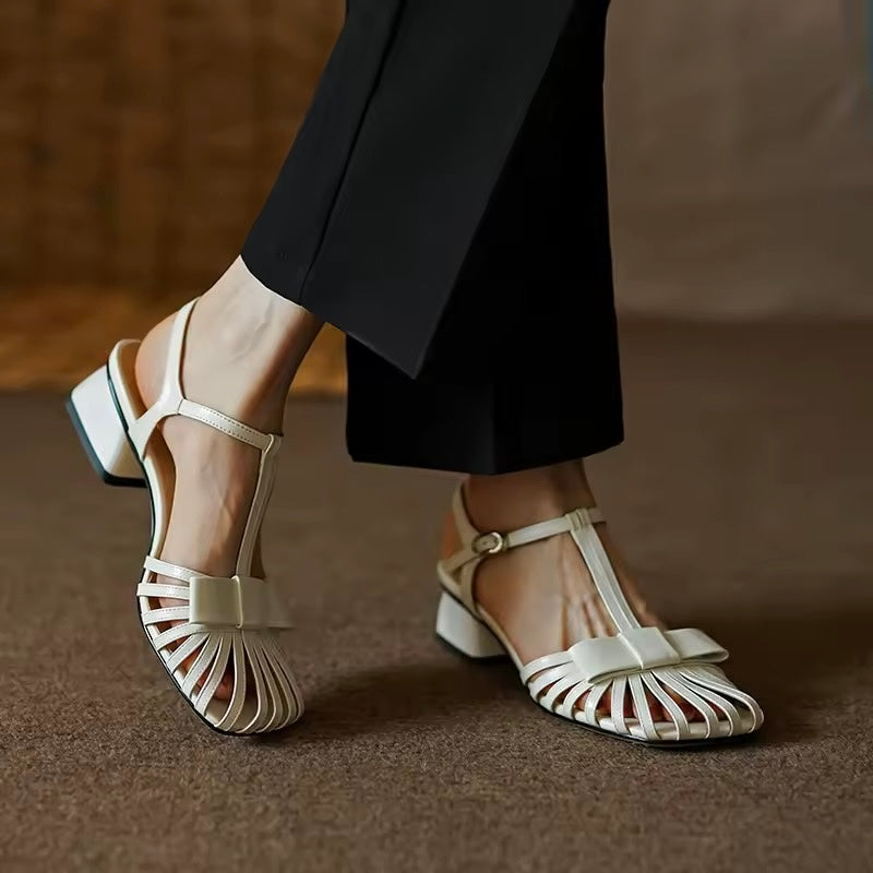 Hazel White Vintage Leather Gladiator Square Heels Sandals