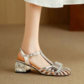 Ariel Silver Vintage Leather Gladiator Square Heels Sandals