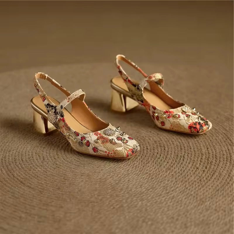 Tamia Apricot Floral Mary Jane Block Heel Slingbacks