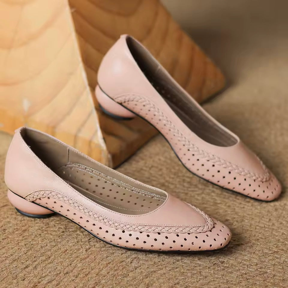 Alice Pink Leather Braided Trim Chunky Low Heel Pumps