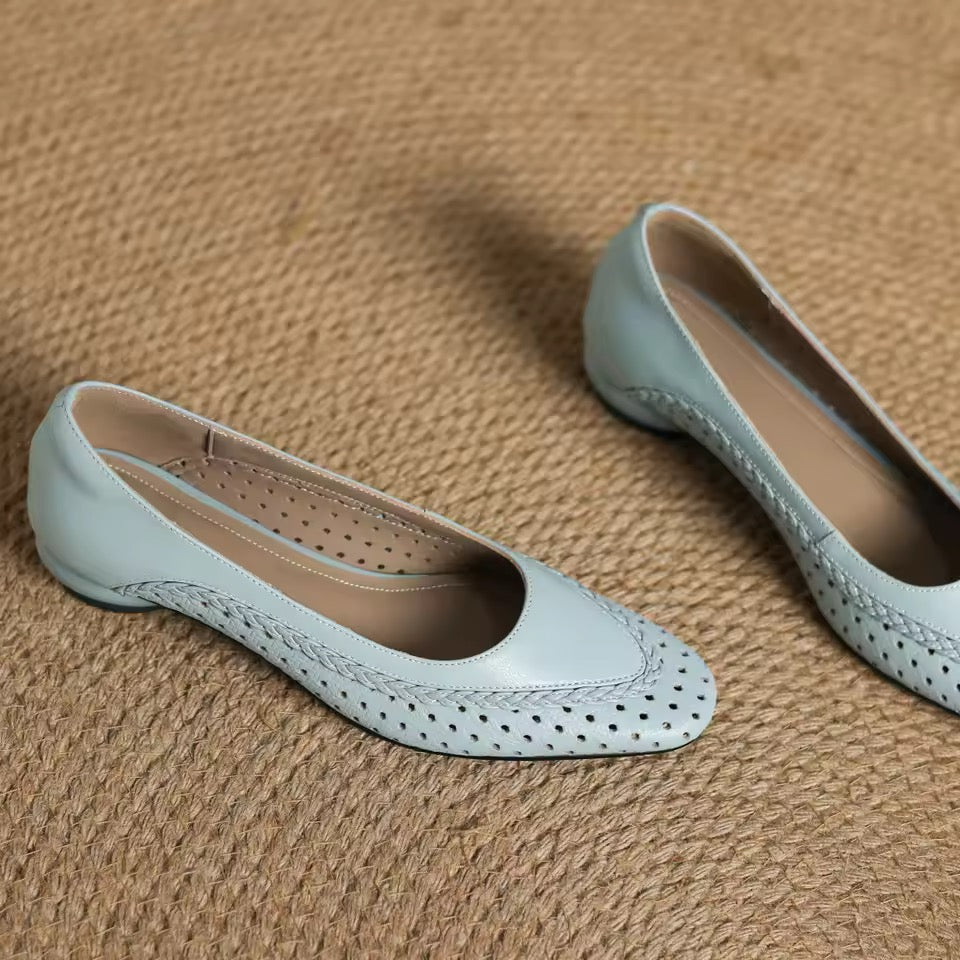 Alice Blue Leather Braided Trim Chunky Low Heel Pumps