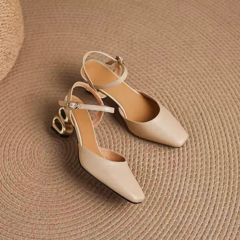 Freya Beige Leather Sculptural Heel Slingback Sandals