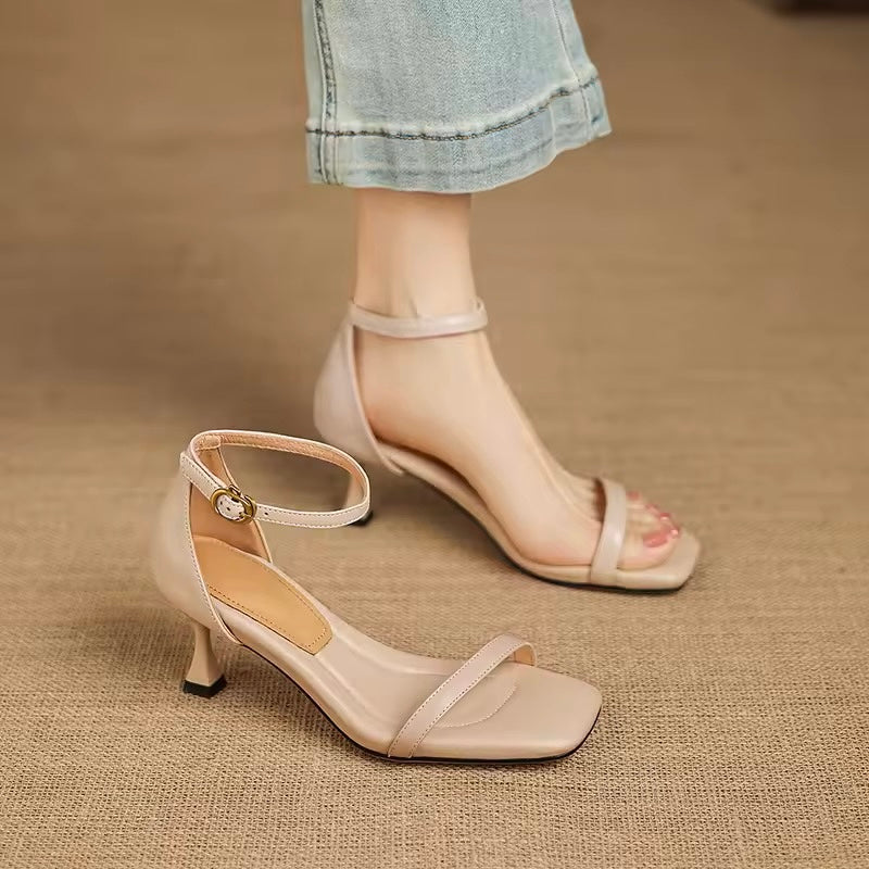 Ivy Apricot Suede Leather Square Toe Kitten Heel Sandals