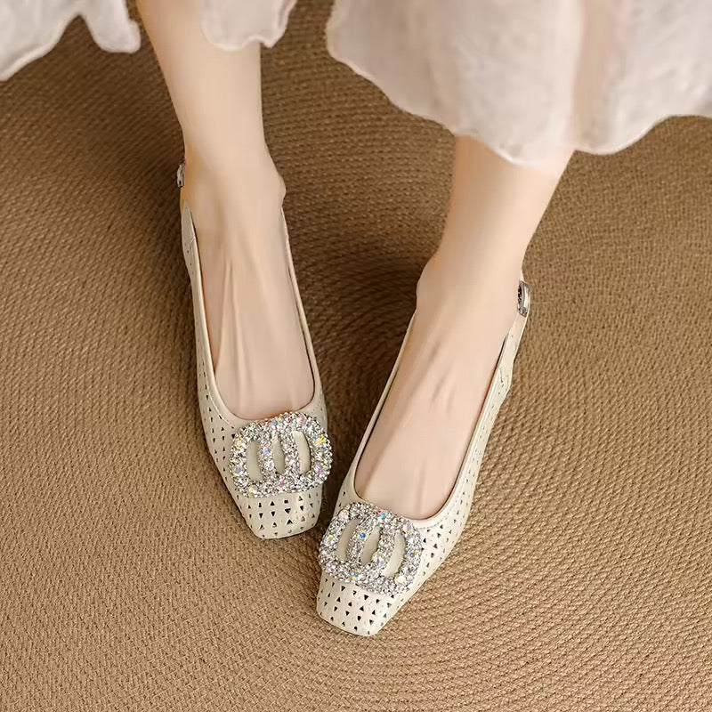 Amita Cream-White Perforated Crystal-Encrusted Slingback Sandals