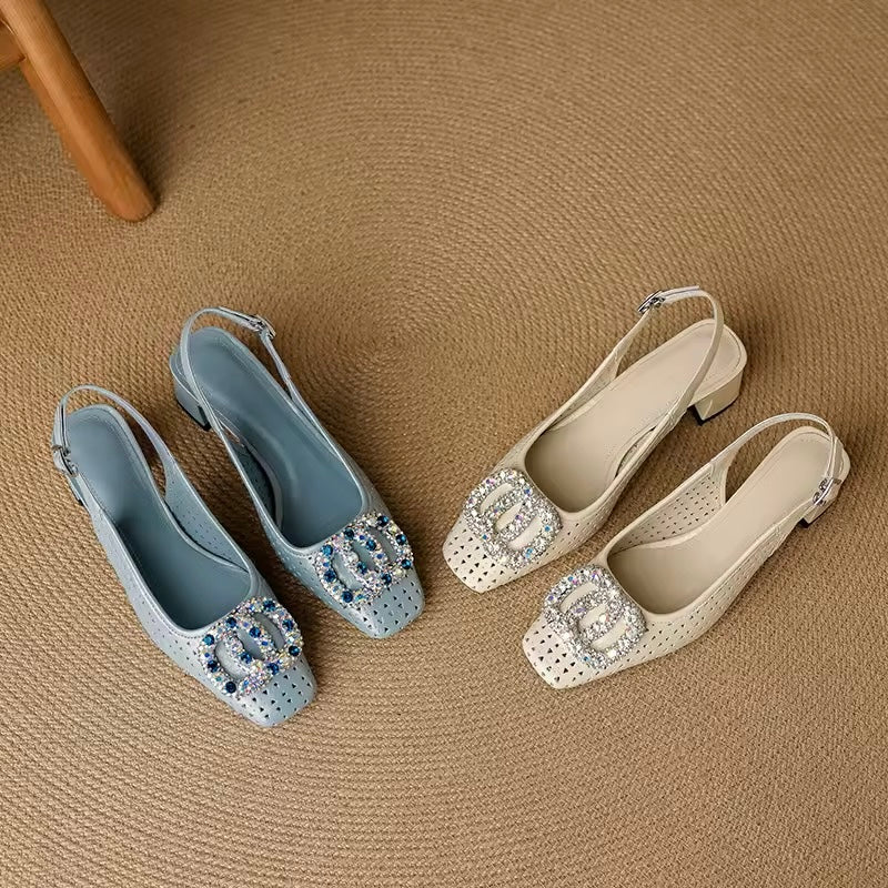 Amita Blue Perforated Crystal-Encrusted Slingback Sandals