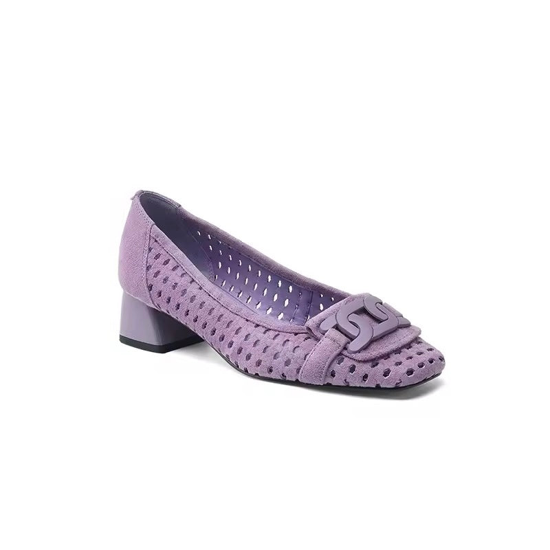 Isa Lavender Block Heel Perforated Suede Pumps