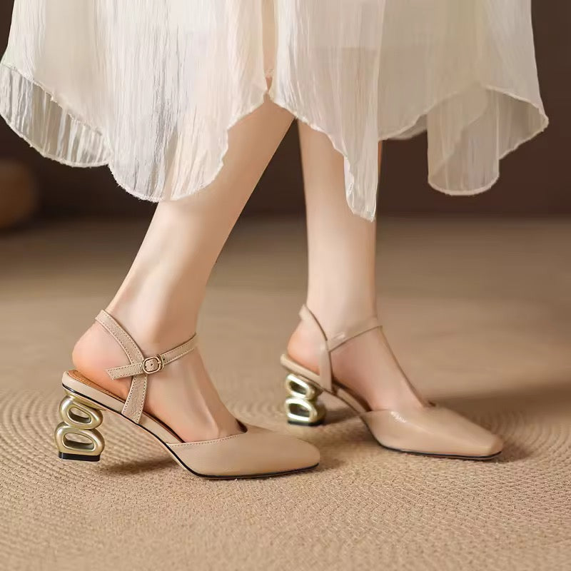 Freya Beige Leather Sculptural Heel Slingback Sandals