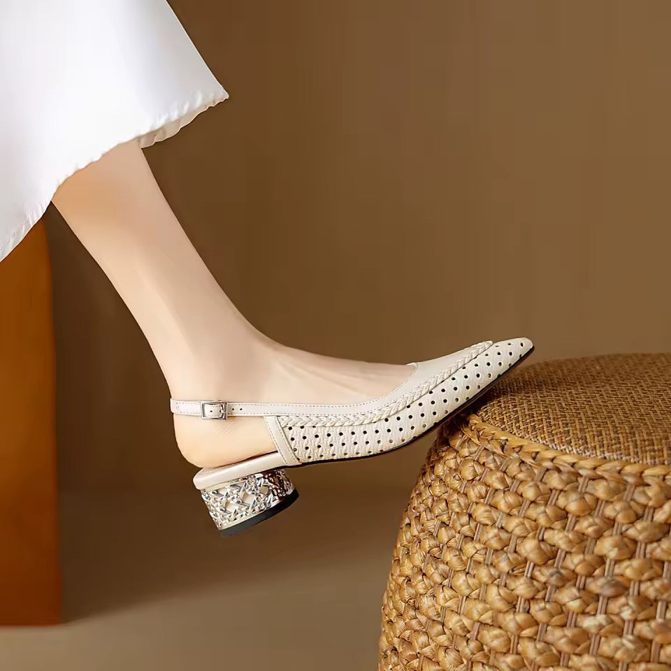 Raphaela Taupe Woven Low Metallic Slingback Sandals