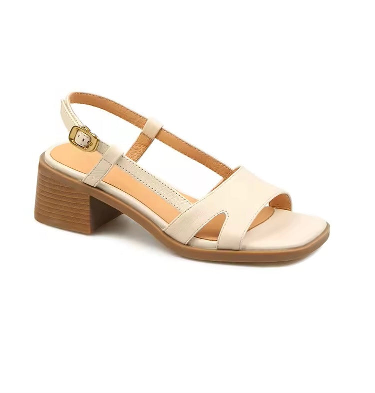 Paulina Cream-White Leather Strides Low-Block Sandals