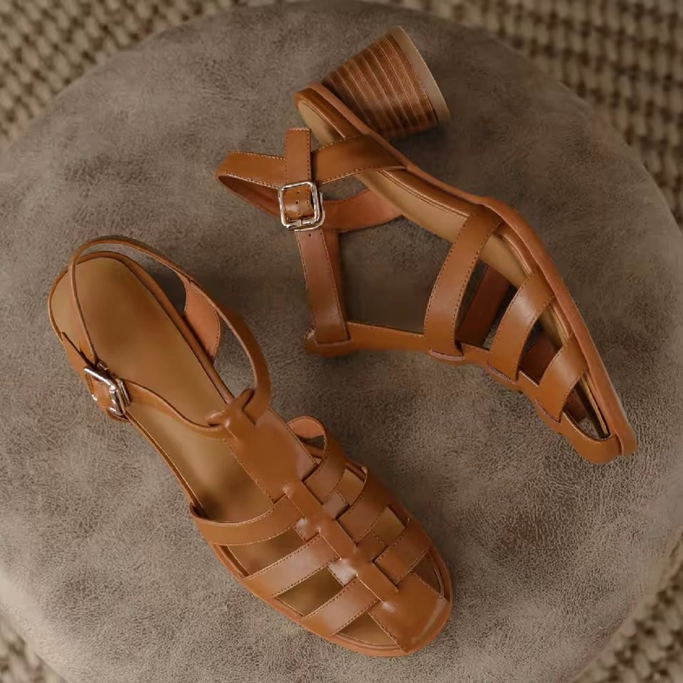 Zen Brown Leather Fisherman Block Heel Sandals