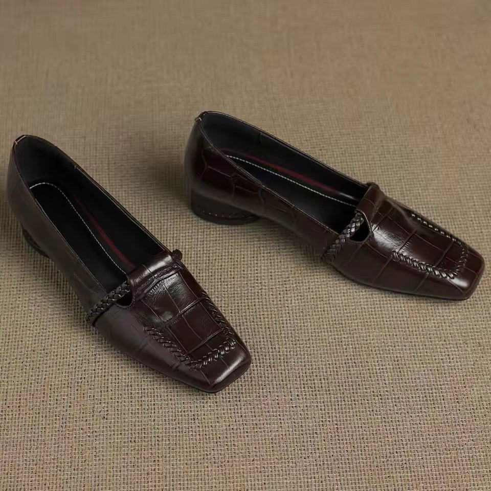 Dark Brown Croc-Embossed Braided Strap Loafers