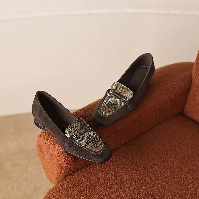 Arabella Brown Suede Low-Heeled Silver Animal Print Loafers