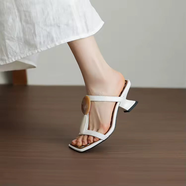 Roanna White Square Toe Marble Accent Heeled Sandals