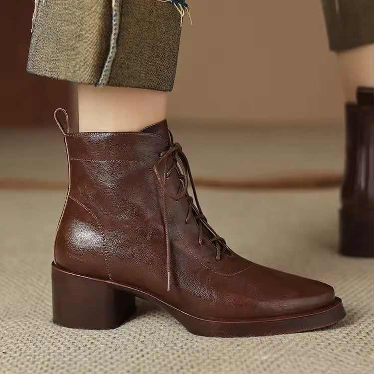 Roanna Brown Leather Lace-Up Block Heel Ankle Boots