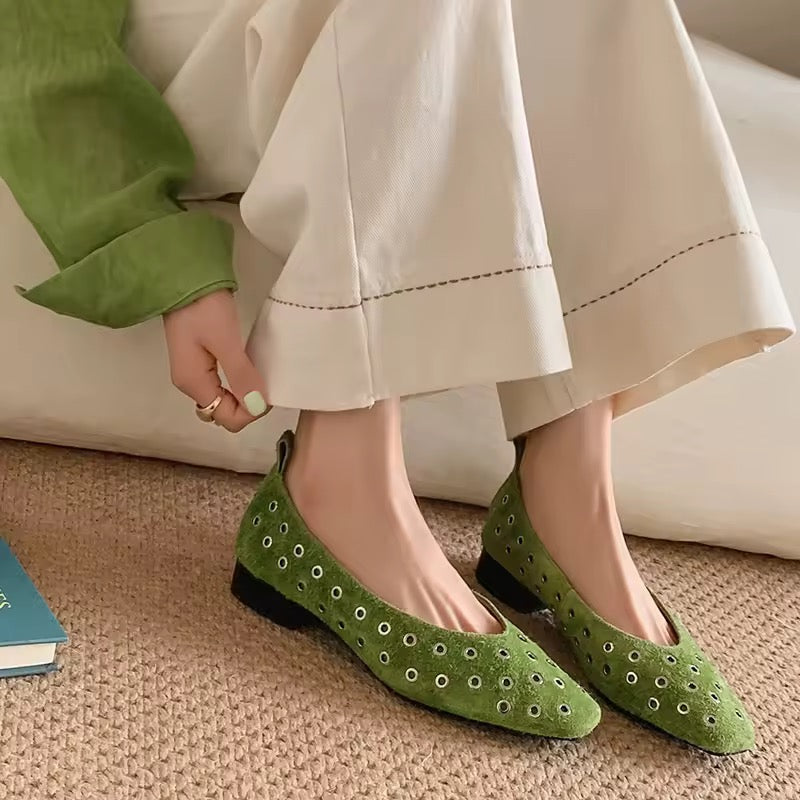 Chloe Green Leather Grommet High Vamp Ballet Flats