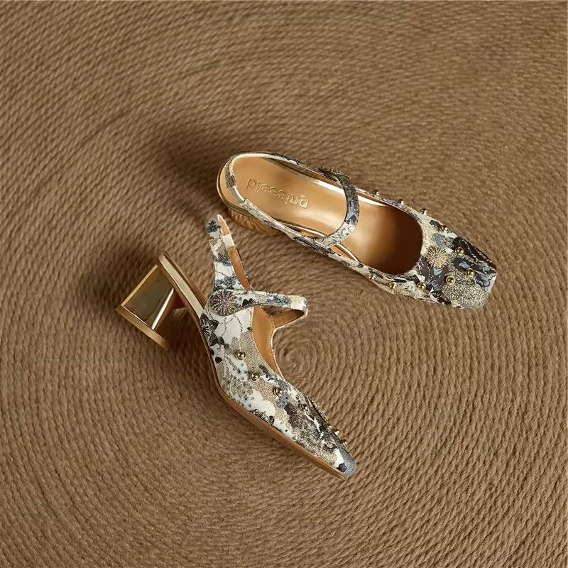 Tamia Blue Floral Mary Jane Block Heel Slingbacks