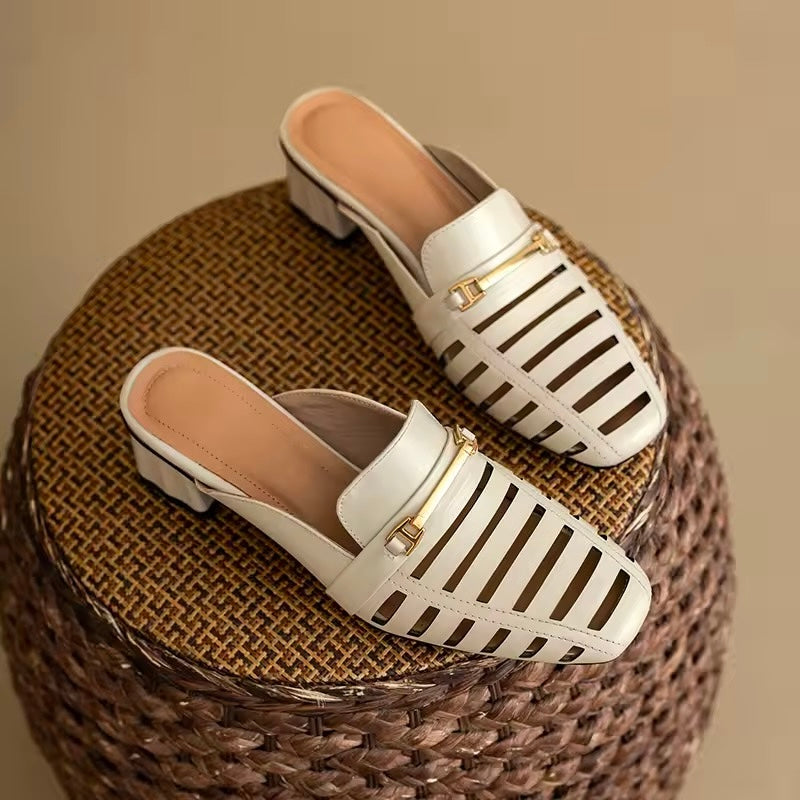 Mercy White Cut-Out Mid Height Block Heel Mules