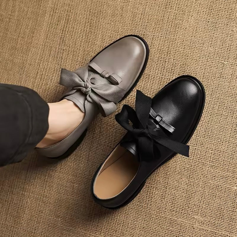Tasha Grey Leather Ribbon Bow Accent Loafers