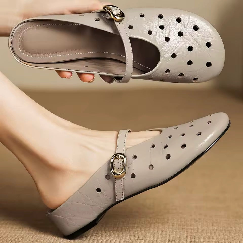 Vittoria Off-White Leather Perforated Buckle Strap Slip-On Mules