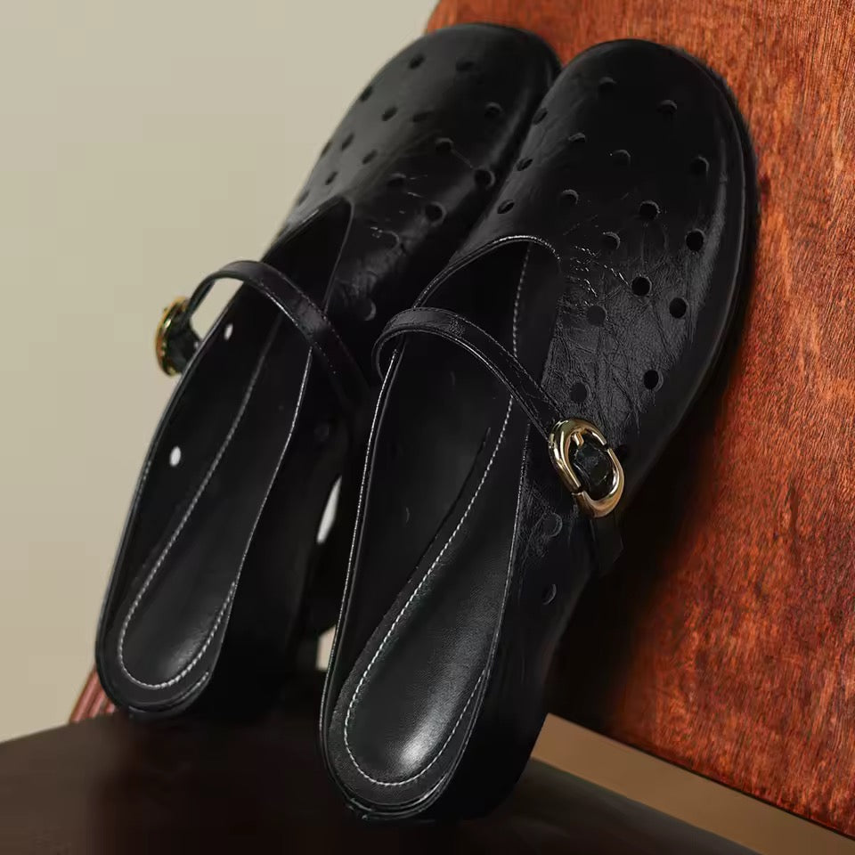 Vittoria Off-White Leather Perforated Buckle Strap Slip-On Mules