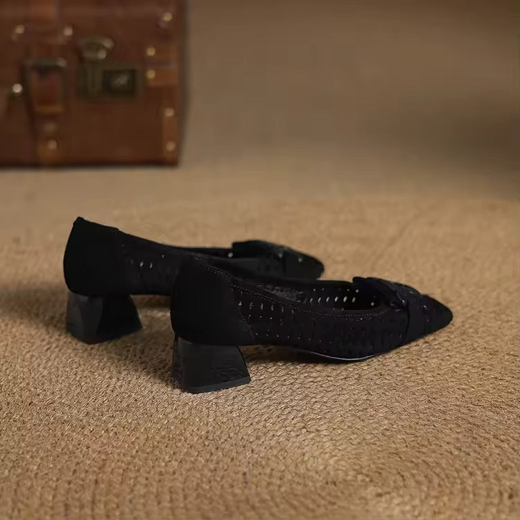 Isa Black Block Heel Perforated Suede Pumps