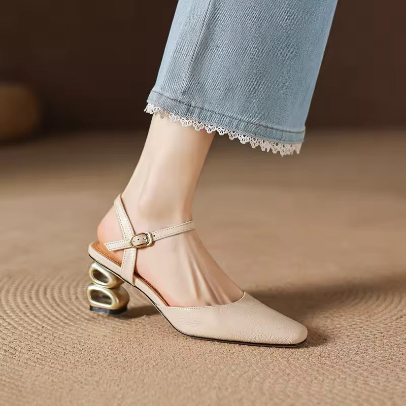 Freya Off-White Leather Sculptural Heel Slingback Sandals