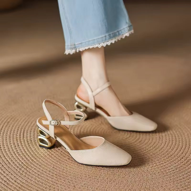 Freya Off-White Leather Sculptural Heel Slingback Sandals