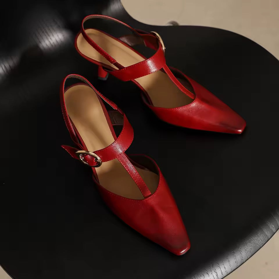 Jasmine Alsa Red Pointy Toe Stiletto T-Strap Shoes