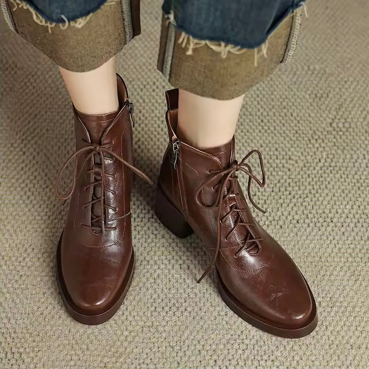 Roanna Brown Leather Lace-Up Block Heel Ankle Boots