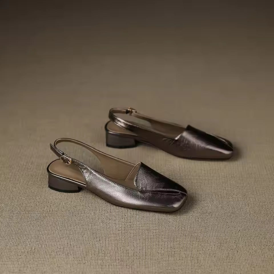 Auria Silver Gray Square Toe Split Vamp Slingback Sandals