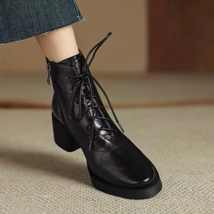 Roanna Black Leather Lace-Up Block Heel Ankle Boots