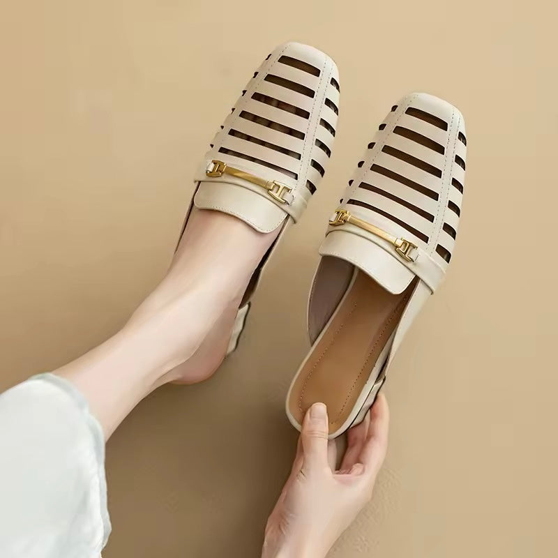 Mercy White Cut-Out Mid Height Block Heel Mules