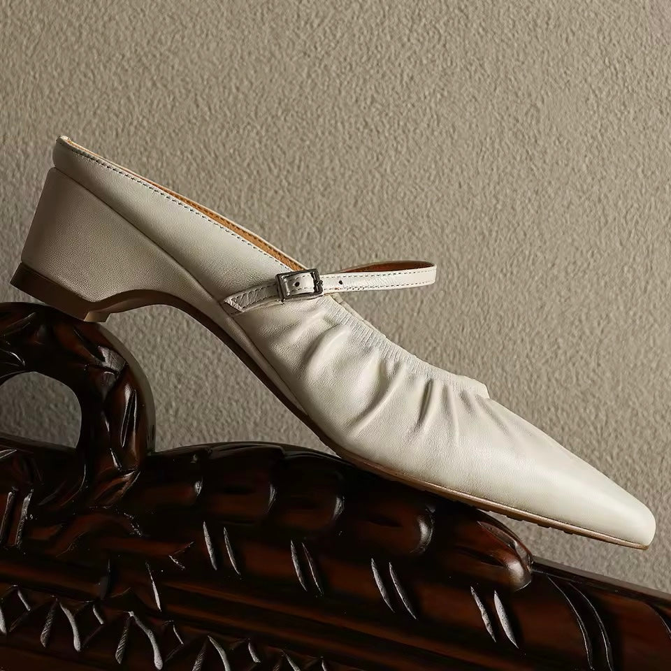 Jasmine Valerie Cream-White Leather Mary Jane Mules