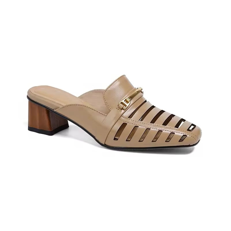 Mercy Beige Cut-Out Mid Height Block Heel Mules