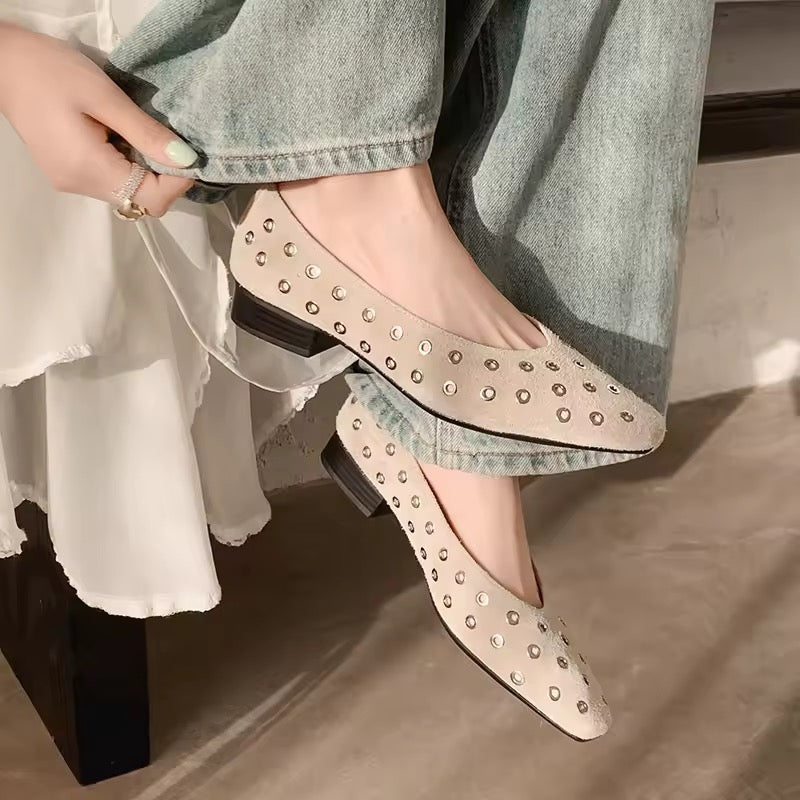 Chloe Beige Leather Grommet High Vamp Ballet Flats