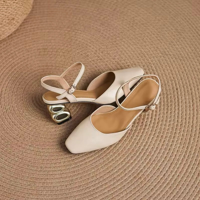 Freya Off-White Leather Sculptural Heel Slingback Sandals