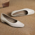 Alice Cream-white Leather Braided Trim Chunky Low Heel Pumps
