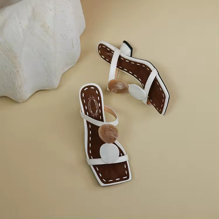 Roanna White Square Toe Marble Accent Heeled Sandals