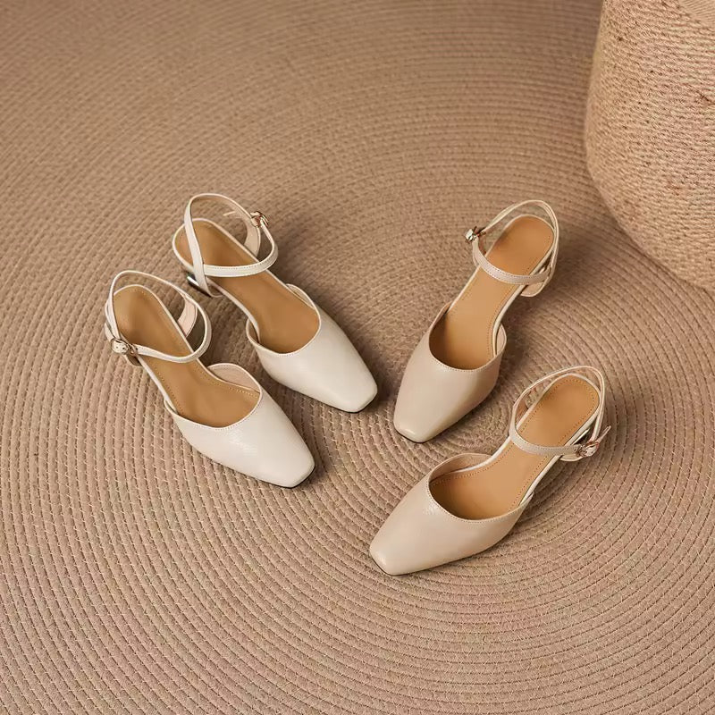 Freya Beige Leather Sculptural Heel Slingback Sandals