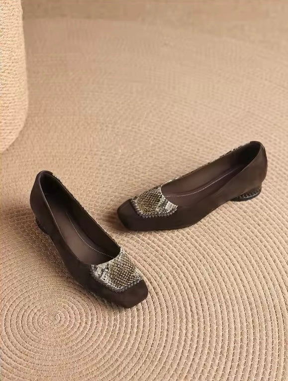 Faiz Brown Snakeskin Print Square-Toe Block Heel Pumps
