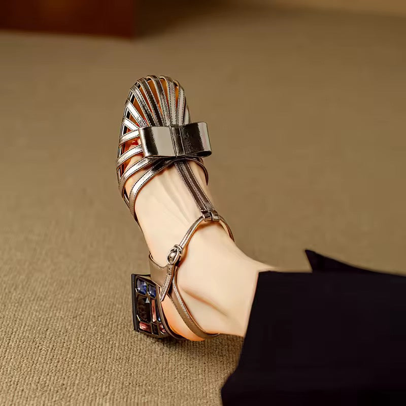 Ariel Metallic Vintage Leather Gladiator Square Heels Sandals