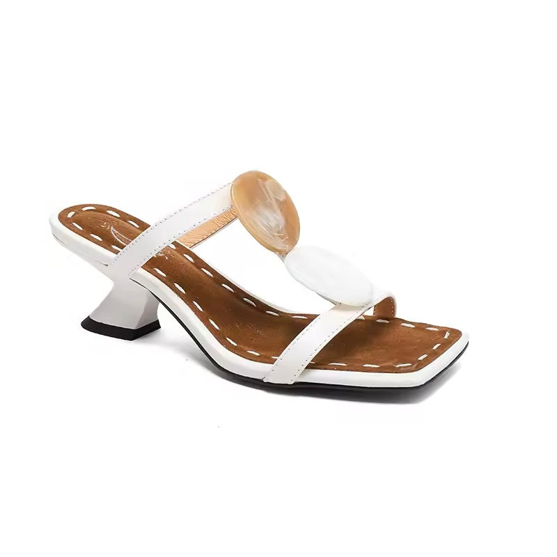Roanna White Square Toe Marble Accent Heeled Sandals