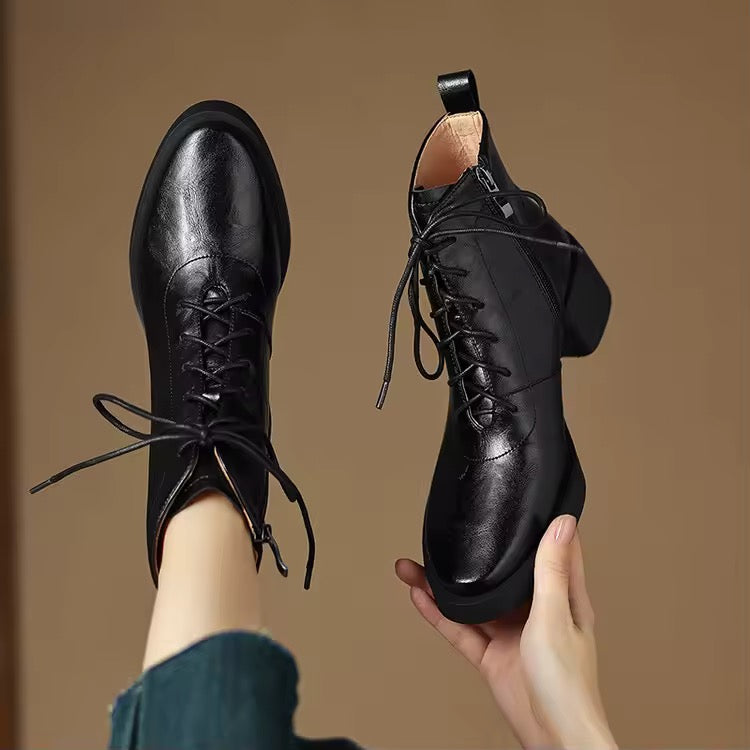 Roanna Black Leather Lace-Up Block Heel Ankle Boots