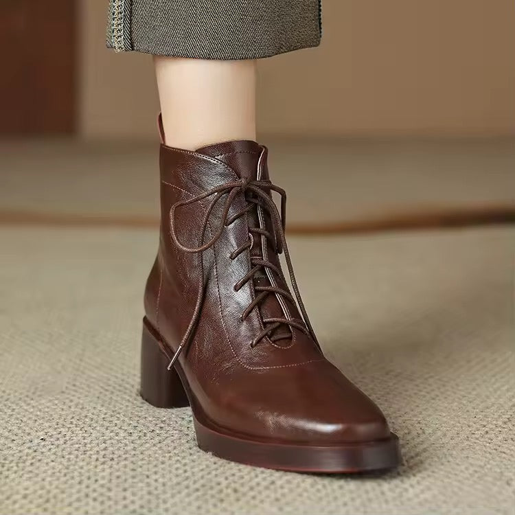 Roanna Brown Leather Lace-Up Block Heel Ankle Boots