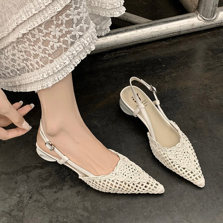 Tracy White Woven Pointy-Toe Slingback