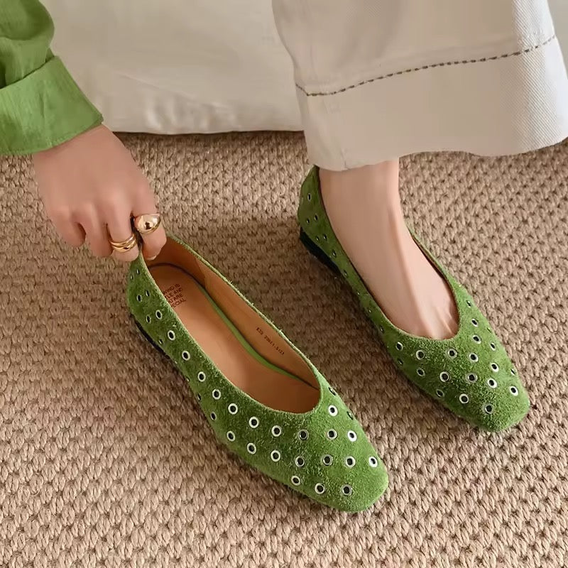 Chloe Green Leather Grommet High Vamp Ballet Flats